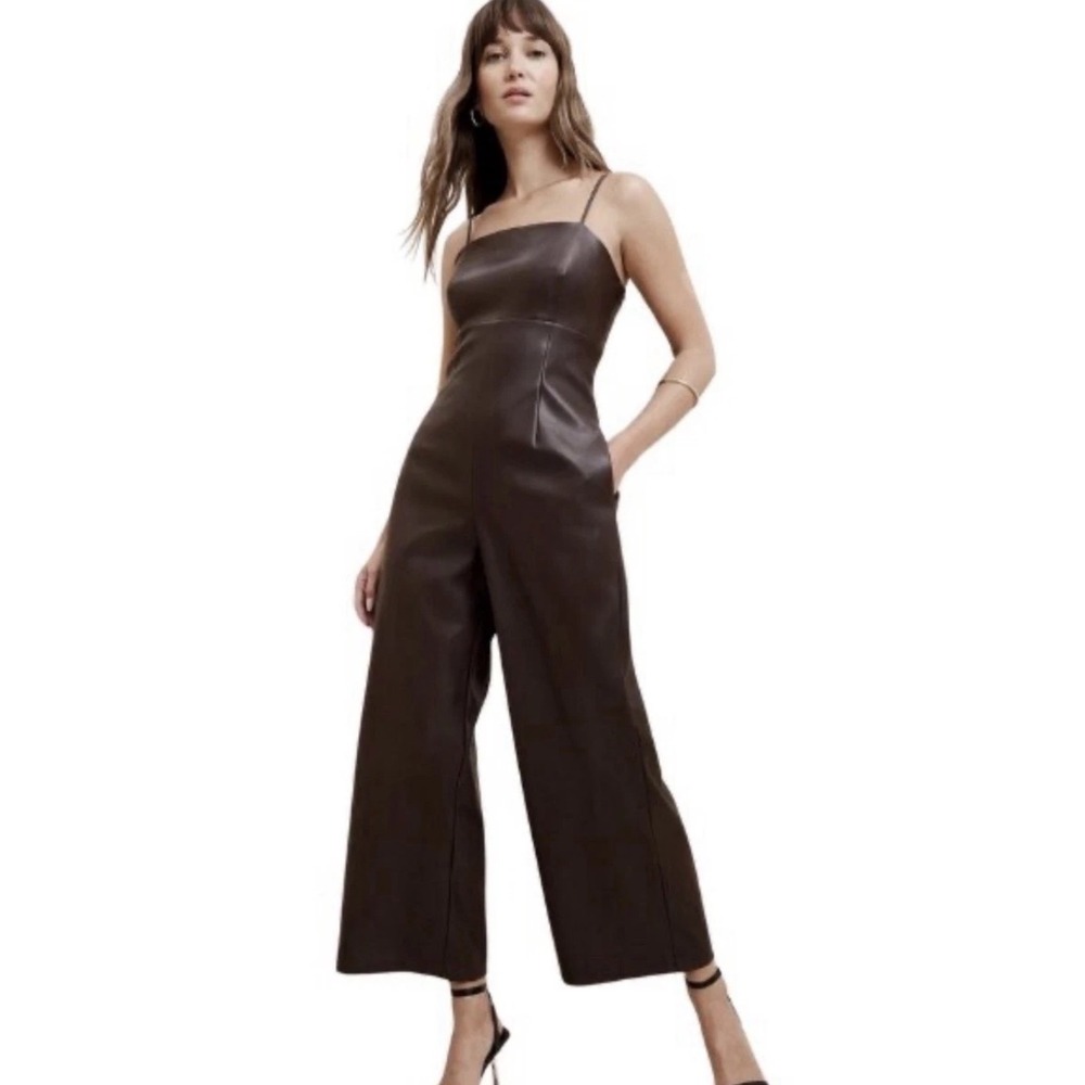 NEW - Banana Republic Size 6 Vegan Leather Wide Leg Jumpsuit Espresso Brown
